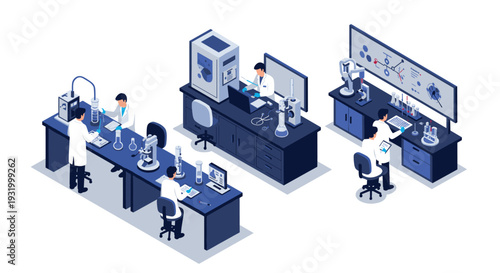 Isometric laboratory scene with scientists and modern equipment in blue and white theme