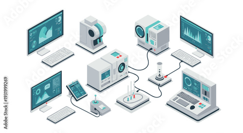 Isometric high-tech laboratory workstation with modern computers and scientific equipment