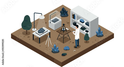Geologist in laboratory analyzing rocks and minerals in isometric workspace