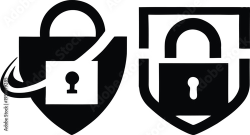 Modern security shield and lock icon set in minimal black vector style. Suitable for cybersecurity, data protection, privacy concepts, antivirus software, digital safety branding, and technology proje