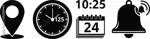 Black and white icons of location pin clock calendar and bell on white background