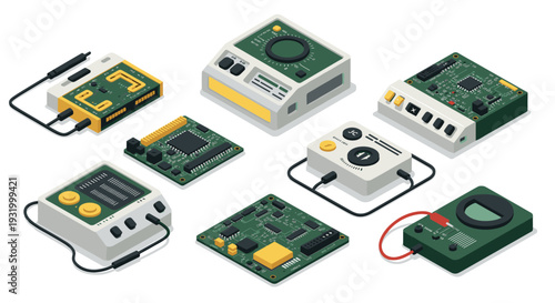 Isometric electronic circuit boards and components collection for technology design