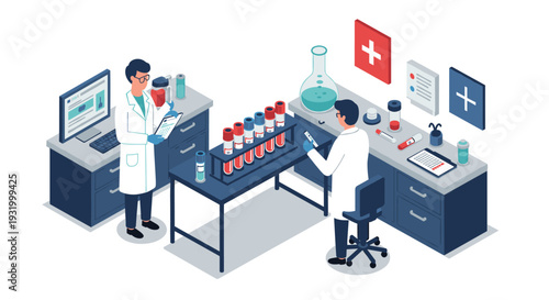 Scientists conducting research in modern laboratory with advanced equipment and technology