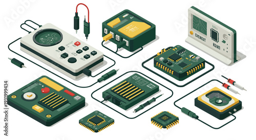 Isometric electronics design featuring circuit boards and chips