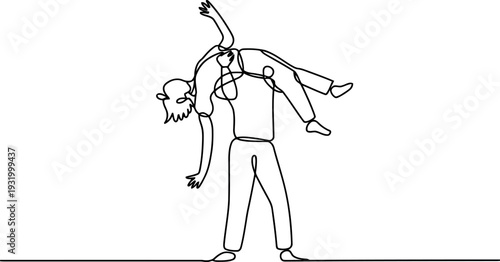A continuous line drawing depicts a strong figure carrying another person over their shoulder. The minimalist art style conveys a sense of rescue or playful support between the two characters. 