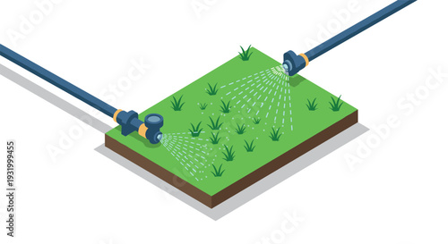 Isometric garden sprinkler system on a fresh lawn