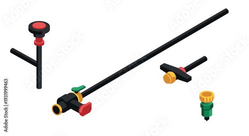 Isometric gardening tools set with valves and nozzles for irrigation systems