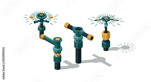 Modern isometric garden sprinklers with water spray on white background