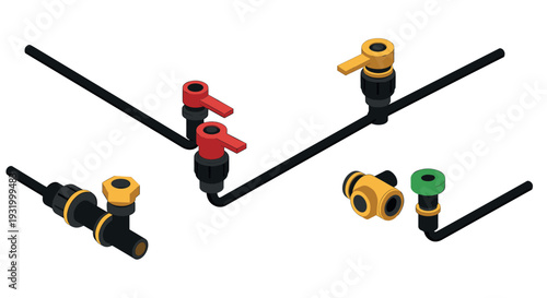 Isometric plumbing pipe connectors set with valves and fittings