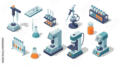 Isometric laboratory equipment set featuring modern scientific tools and glassware