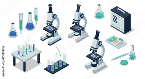 Isometric laboratory equipment with microscopes, test tubes, and beakers for science and education