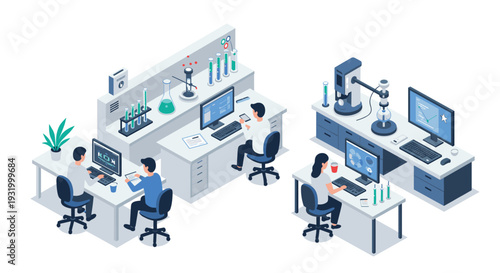 Modern isometric laboratory workspace with scientists and advanced technology