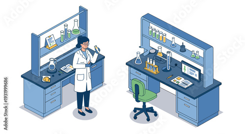 Isometric chemistry lab with scientist in blue and white