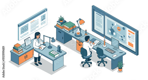 Modern isometric science lab with researchers at work exploring digital data