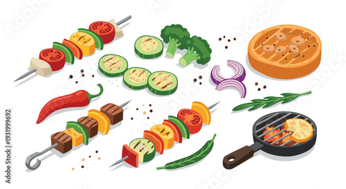 Isometric grilled vegetables and skewers with herbs and spices