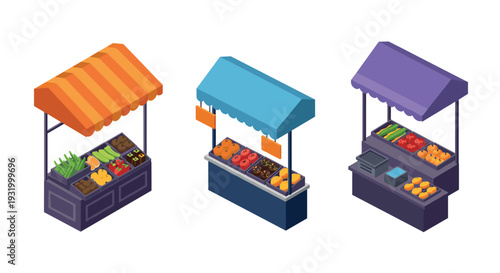 Colorful market stalls: isometric fruit and vegetable stands