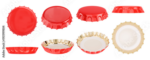 Mockup collection of glossy red crown cork bottle caps displayed from multiple angles including top bottom and side profiles perfect for vibrant beverage branding. 3D Rendering.