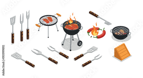 Isometric barbecue grill set with cooking utensils and grilled steaks