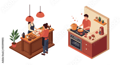 Isometric kitchen scene with people cooking: modern home cooking in stylish interiors