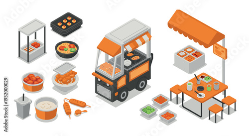 Isometric street food cart with noodles and vegetables in cozy market setting