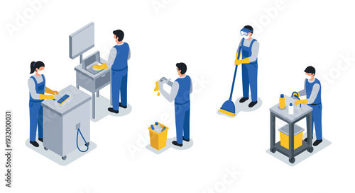 Isometric cleaning workers in action: professional janitorial team performing various tasks