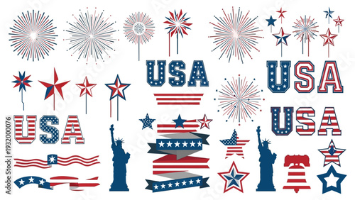 American patriotic symbols and icons including fireworks USA text and Statue of Liberty