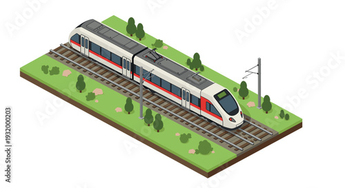 Modern isometric passenger train on railway track with surrounding greenery