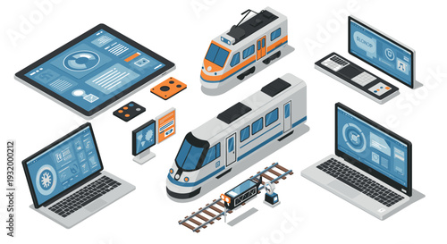 Isometric smart rail system with trains, tablets, and computers for modern transit