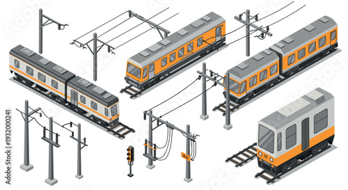 Isometric modern train set with railway and overhead cables