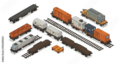 Isometric train cars and tracks collection in assorted colors and styles