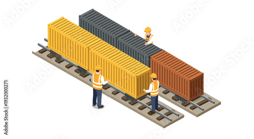 Isometric cargo containers on railway with construction workers in safety gear