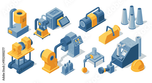 Isometric industrial machines set: modern 3d equipment collection for manufacturing projects