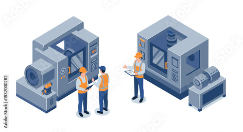 Isometric industrial machinery with engineers in safety gear