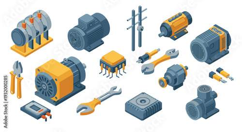 Isometric industrial equipment set featuring motors and tools for engineering design