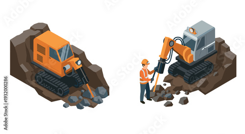 Excavators breaking rocks with worker in isometric urban construction scene