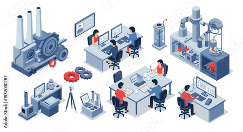 Futuristic isometric industrial workspace with engineers and advanced machinery