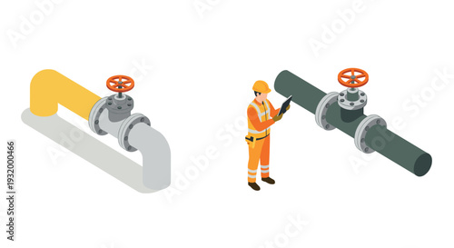 Isometric industrial pipes with engineer in safety gear