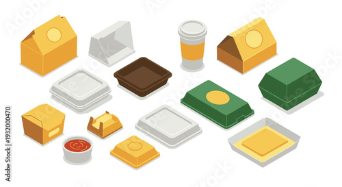 Isometric collection of eco-friendly fast food packaging designs