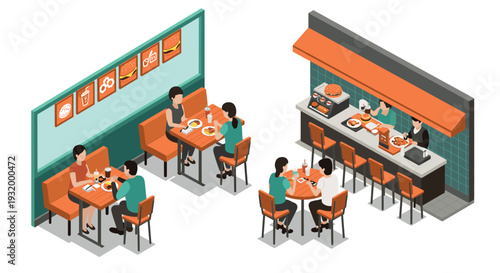 Isometric fast food restaurant scene with diners and open kitchen