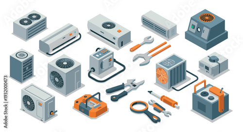 Comprehensive collection of hvac equipment icons in isometric style for maintenance and installation