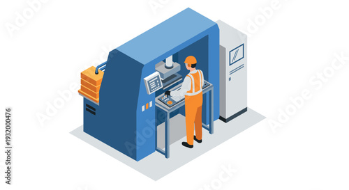 Isometric 3d printer with technician in orange working suit and safety helmet