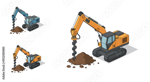 Construction equipment with drill in isometric style