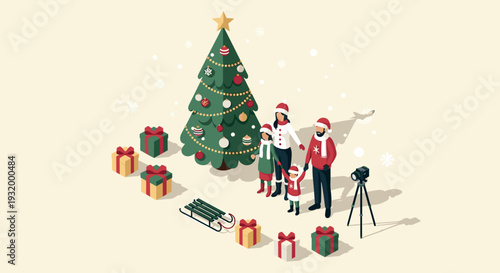 Isometric christmas family scene with tree, gifts, and camera