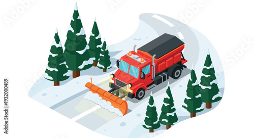 Isometric snowplow truck on winter mountain road with pine trees