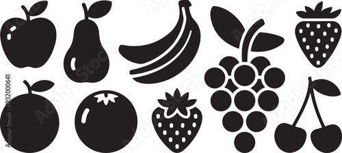A collection of black fruit silhouettes prese. black art icon drawing vector