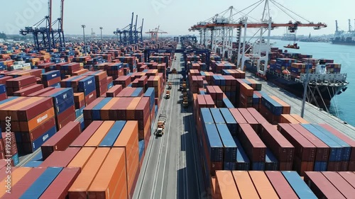 Video of large container terminal from aerial perspective, freight logistics and international commerce background for corporate presentations with stacked cargo units arranged in systematic blocks,