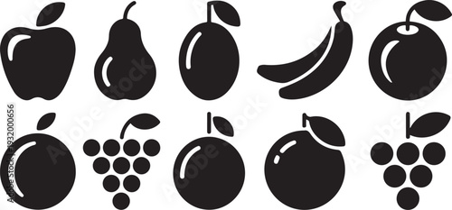 A collection of black fruit silhouettes prese. black art icon drawing vector