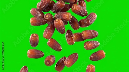 Fresh date fruit falling on green screen background