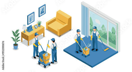 Isometric room cleaning scene with workers using equipment in modern living space
