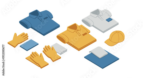 Isometric apparel set with polo shirts, gloves, and cap in blue and yellow tones